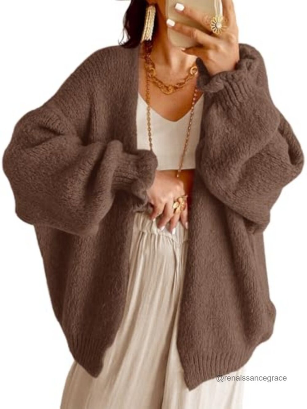 Oversized Chunky Knit Cardigan Ruffle Lantern Sleeve Open Front Sweater